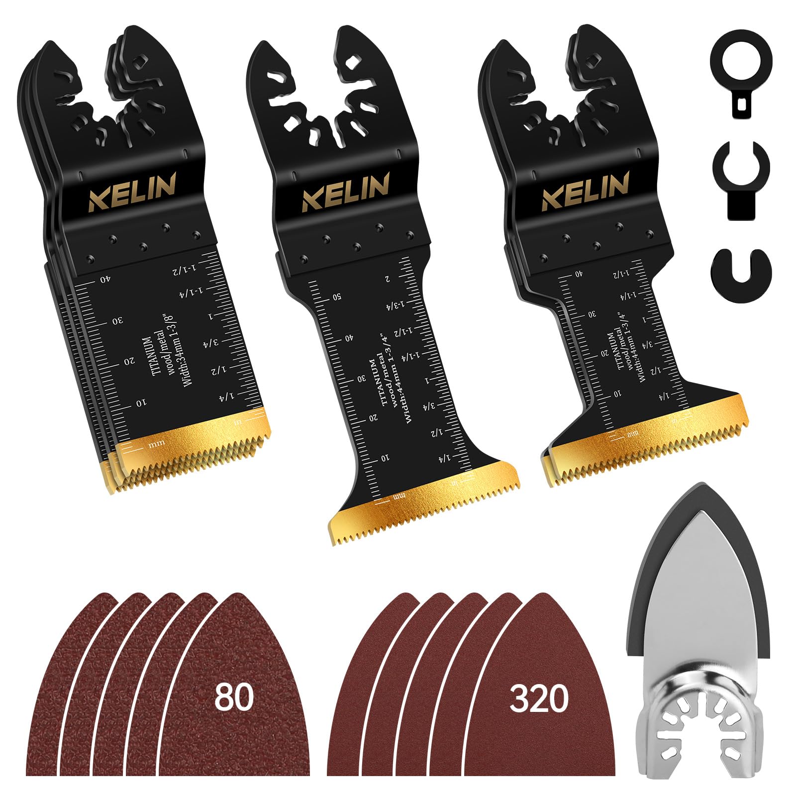 17 PCS Titanium Oscillating Tool Saw Blades with Sanding Kit, Universal Multi Tool Blades for Light Metal and Wood, Oscillating Tools Accessories (NOT for Star Lock Interface) - WoodArtSupply