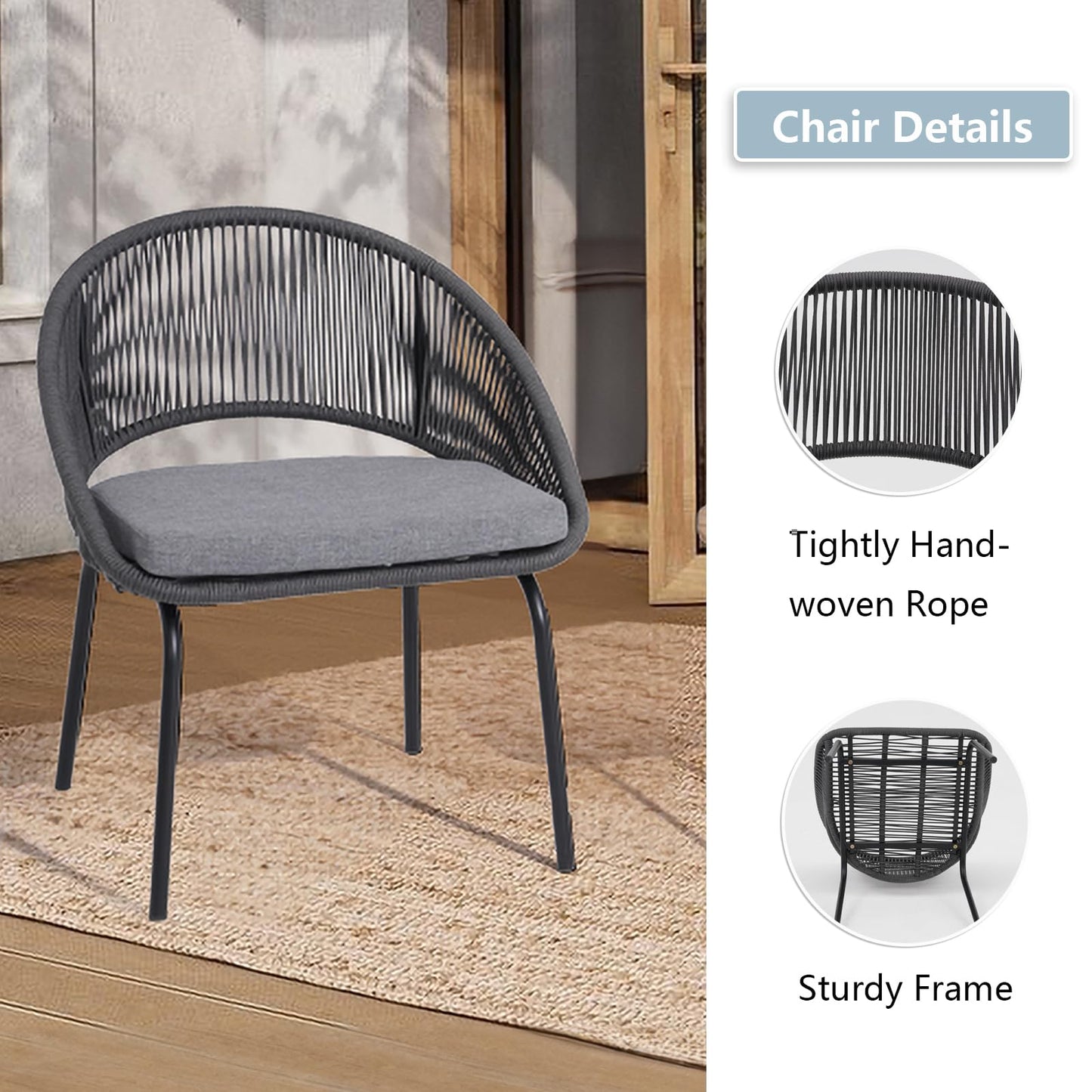 Yangming Patio Furniture Set, 3 Piece Outdoor Bistro Chair Conversation Sets Woven Rope with Wood Coffee Table for Yard Backyard Lawn Garden Porch Backyard Deck Poolside Balcony - WoodArtSupply