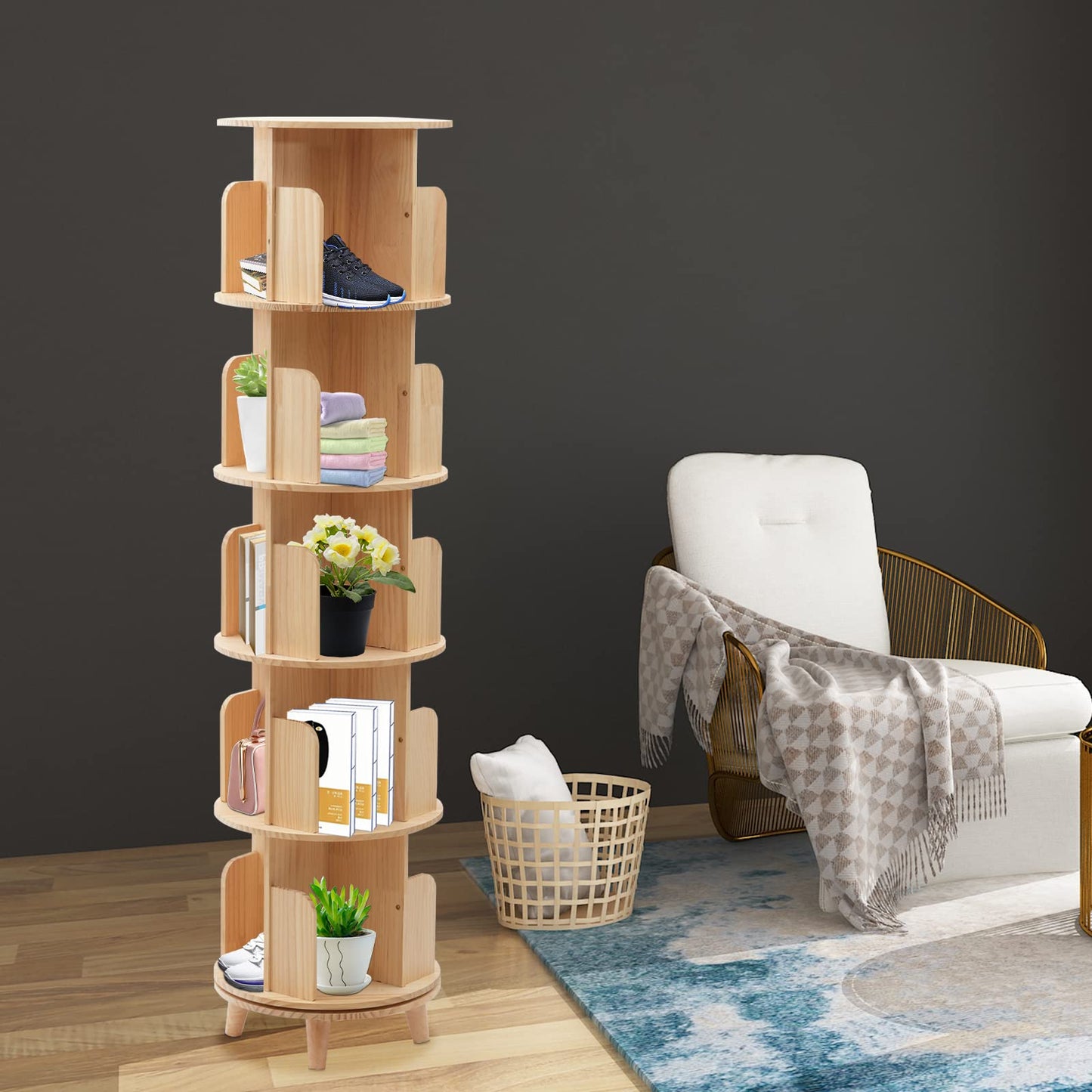 Netcoin 360° Freestanding Rotating Wooden Bookshelf for Efficient Storage and Display - WoodArtSupply