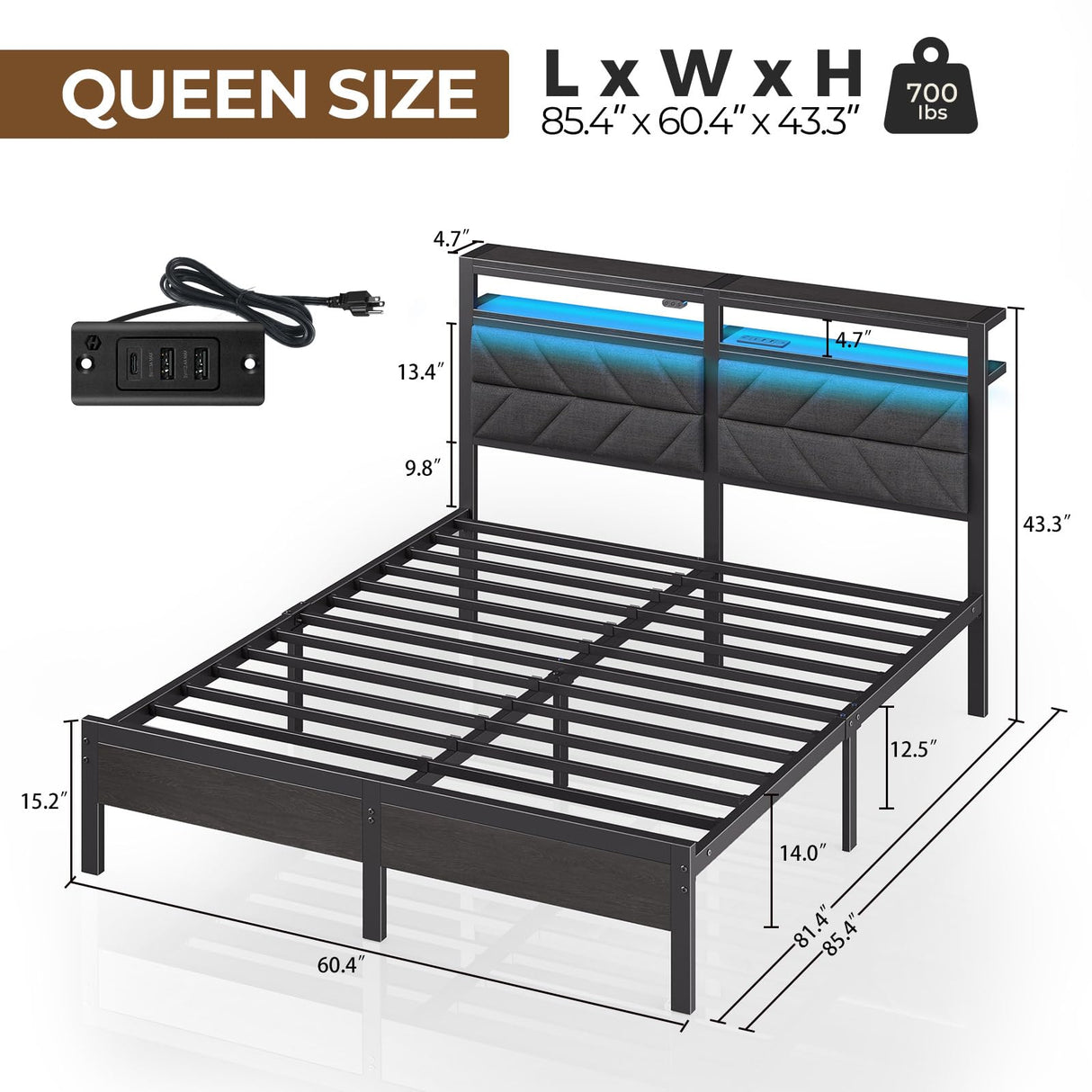 Seventable Queen Size Bed Frame with LED Lighting and Charging Station, Upholstered Storage Headboard, Noise-Free Metal Platform Design Seventable