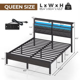Seventable Queen Size Bed Frame with LED Lighting and Charging Station, Upholstered Storage Headboard, Noise-Free Metal Platform Design Seventable