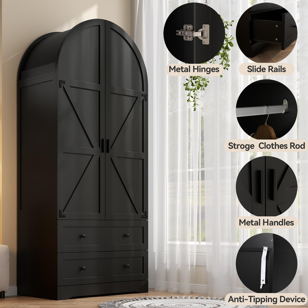 Gyfimoie 74.8" Black Armoire Wardrobe Closet with 2 Drawers and 2 Doors, Tall Bedroom Freestanding Armoire Storage Cabinet with Shelves, Wood Large Wardrobe Combination for Hanging Clothes (Black) Gyfimoie
