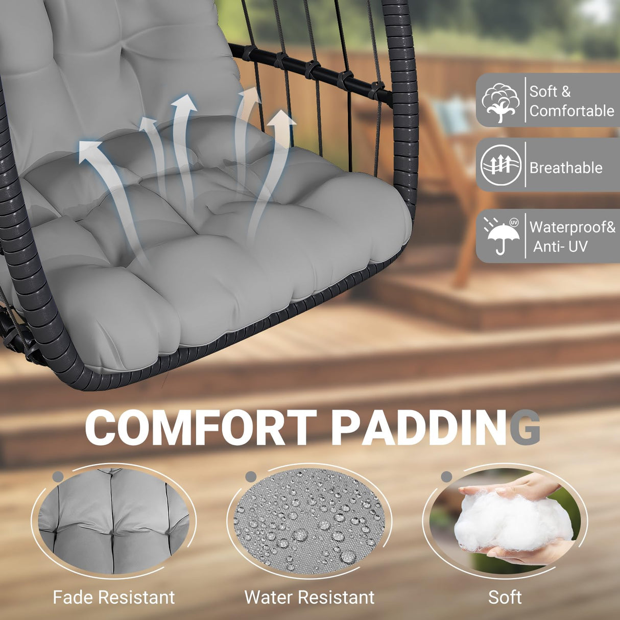 LEVELEVE Egg Chair with Stand,Patio Rattan Wicker Hanging Swing Egg Chair Hammock Chair for Bedroom Porch Garden,Thickened Aluminum Alloy Steel Frame and UV Resistant Cushion,350LBS Capacity LEVELEVE