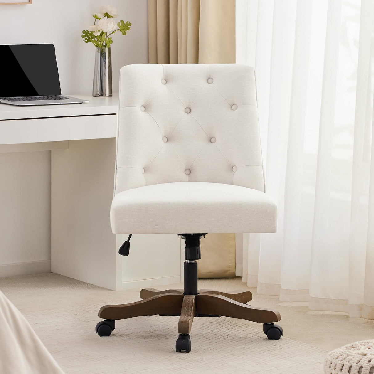 HUIMO Home Office Chair Upholstered Swivel Desk Chair with Wheels Chenille Fabric Adjustable Height Computer Chair with Wooden Legs Comfortable Armless Chair for Studio Study Home Office (Beige) HUIMO