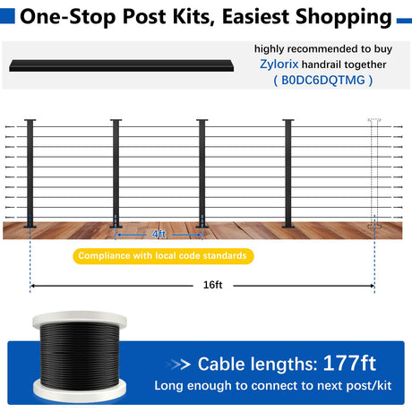 Zylorix 36" One-Stop Black T304 Cable Railing Posts Kit(Flexible DIY), Include 4Pack Level Drilled Line Posts, 177ft 1/8" Wire Rope, Complete Cable Railing System DIY Kit with Cutter(No Handrail) Zylorix