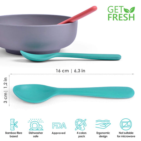 GET FRESH Bamboo Kids Spoons Set – 4-pack Colorful Bamboo Kids Cutlery for Everyday Use – Reusable Bamboo Fiber Kids Spoons for Baby Feeding – Large Bamboo Utensils for Toddlers and School Children GET FRESH