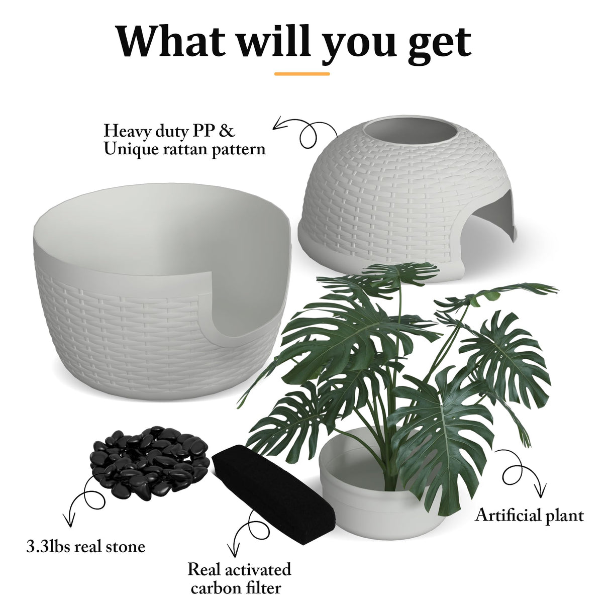 Hidden Box with Faux Plant, Large Cat Litter Box with Rattan Pattern, Heavy Duty PP Material Litter Box Enclosure Furniture for Home Decor, Light Grey keygarzone