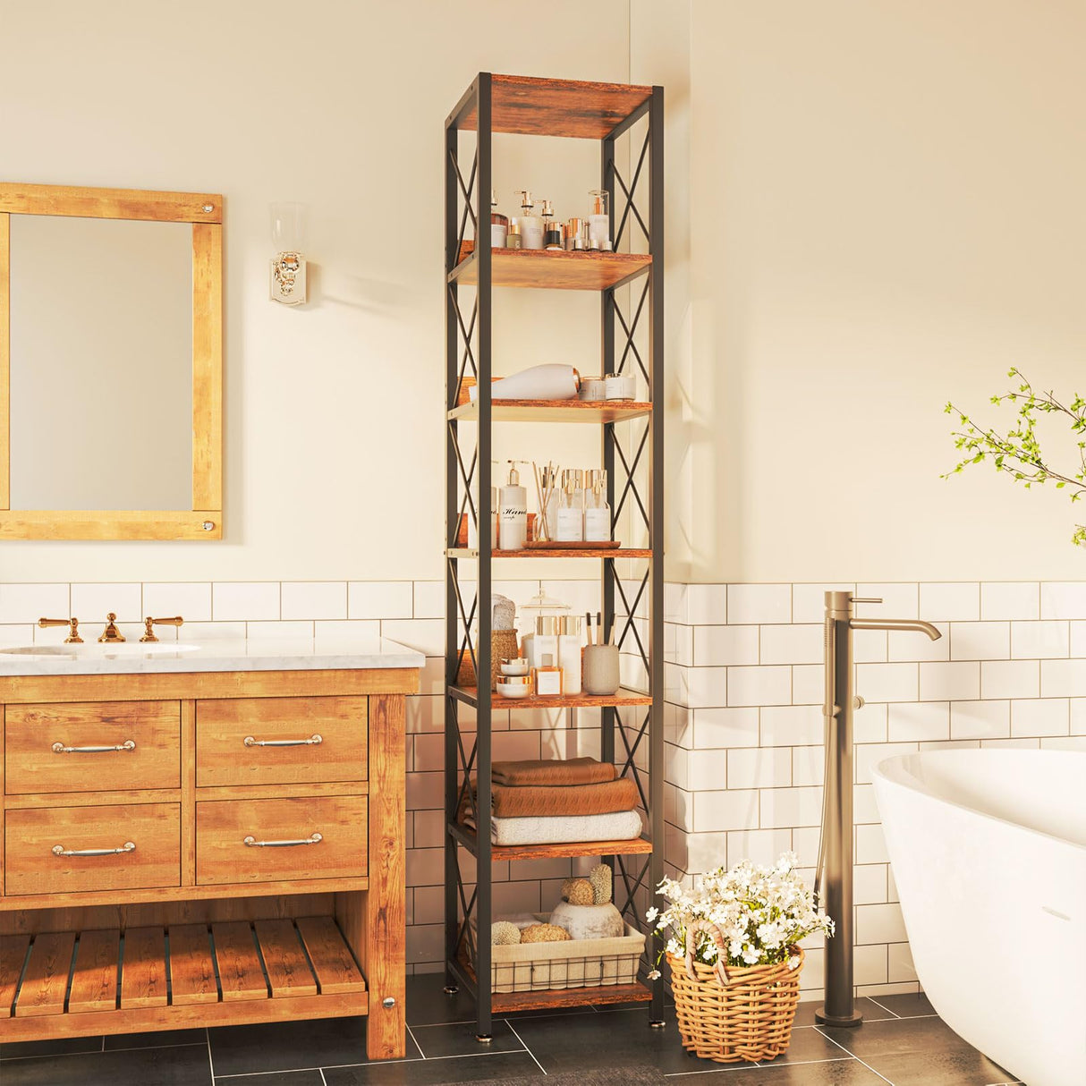 IBUYKE 6-Tier Tall Narrow Corner Bookcase for Small Space Storage in Rustic Brown IBUYKE