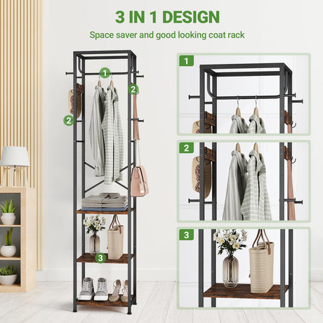 ELYKEN Coat Rack Freestanding, Hall Tree with 3 Storage Shelves and 12 Hooks, Industrial Clothes Rack Stand Organizer for Bedroom, Hallway, Entryway, Office, Living Room, Rustic Brown ELYKEN