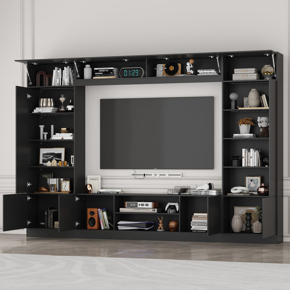 ROMSHINE Large Entertainment Center with Storage, 114" W Wall Unit TV Stand with Bookshelves & Light in White Color, Modern Media Center Cabinet with Bridge, for Living Room Bedroom, Black ROMSHINE