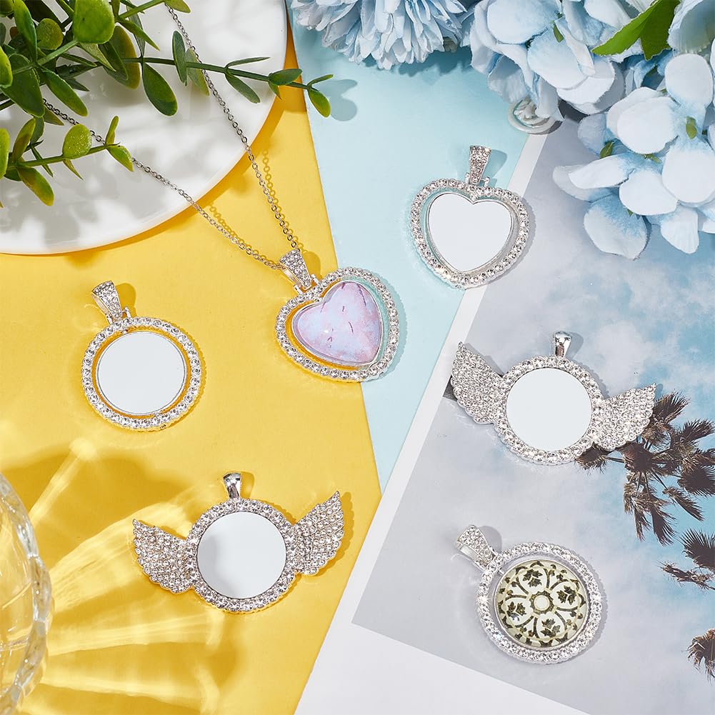 PH PandaHall 6 Sets Sublimation Rhinestone Tray Pendants, 3 Style Double Sided Pendant Blank Wing Heart Round Bezel Trays with Sublimation Blanks and Cabochons for Christmas Necklace Jewelry Making PH PandaHall