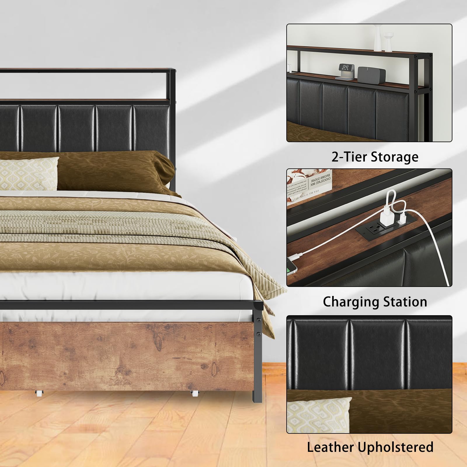 AMERLIFE Rustic Brown LED Platform Bed Frame with Storage Drawers & Charging Station Headboard - WoodArtSupply