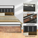 AMERLIFE LED Bed Frame with Drawers, Full Platform Bed Frame with 2-Tier Storage & Leather Upholstered & Charging Station Headboard, No Box Spring Needed, Noise Free, Easy Assembly, Black AMERLIFE