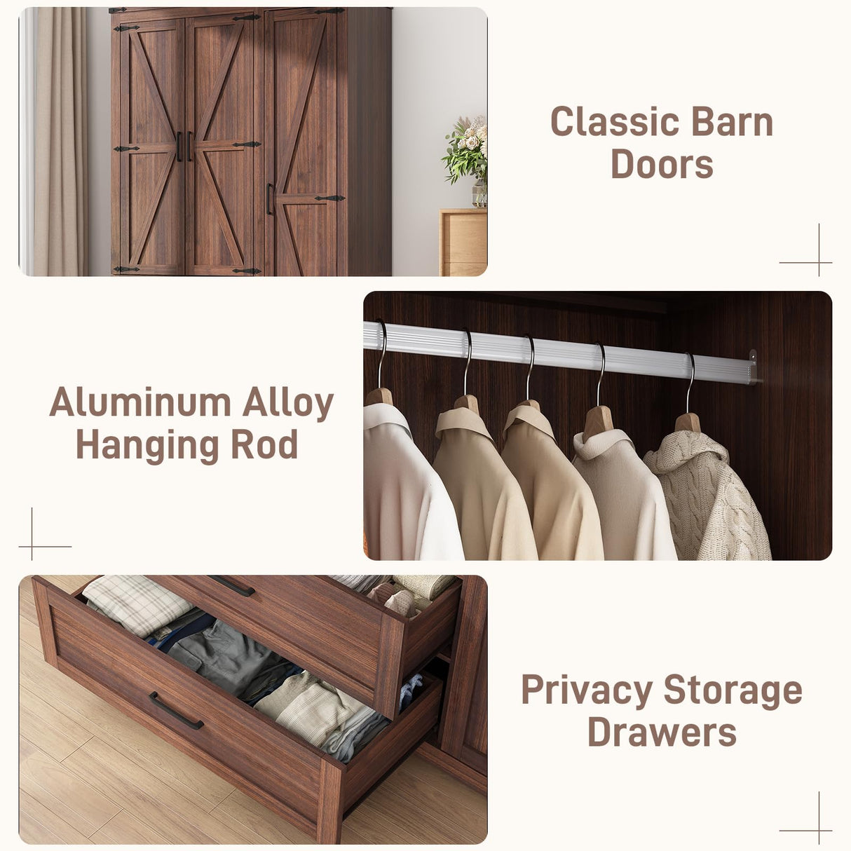 Hlivelood 3 Doors Wardrobe Armoire Closet with Doors and Drawers, Farmhouse Wooden Armoire Storage Cabinet with Shelves & Hanging Rod for Bedroom, Brown Hlivelood