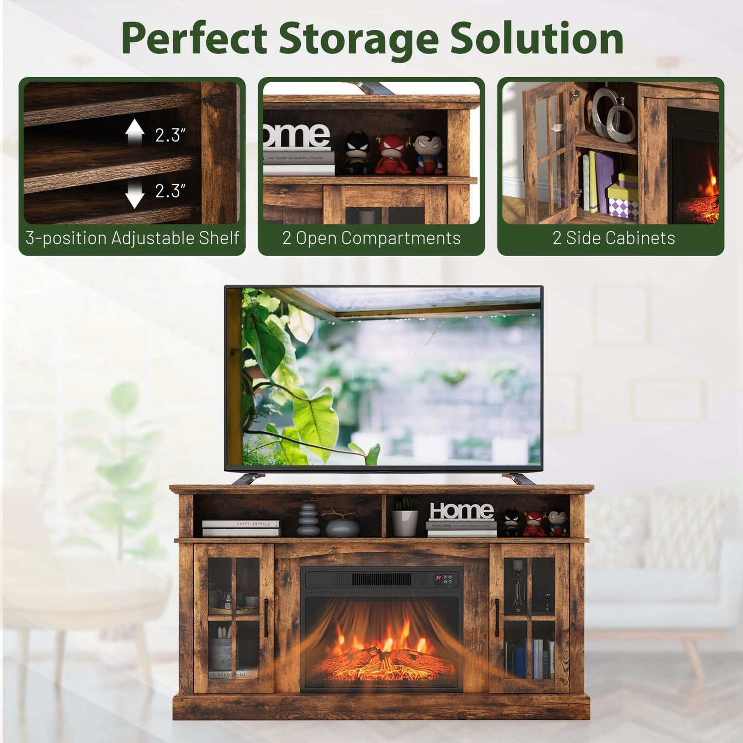 SIMOE Fireplace TV Stand with 23 Inch Fireplace, Electric Fireplace TV Console for TVs up to 65", Entertainment Center with 2 Cabinets & Remote Control, 6H Timer & 3 Flame Brightness, Brown, 58 Inches