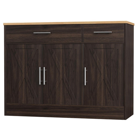 Shintenchi Modern Farmhouse Sideboard Buffet Cabinet,Barn Doors Buffet Cabinet with 2 Drawers & 3 Doors,Wood Coffee Bar Cabinet with Adjustable Shelf for Kitchen Living Room,Brown Shintenchi
