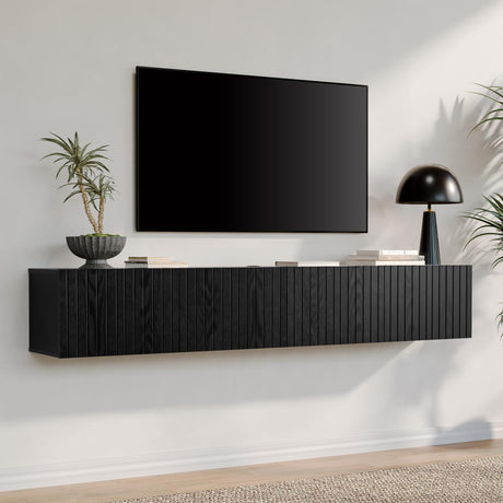 WAMPAT Floating TV Stand, Wall Mounted Shelf, Modern Floating Entertainment Center with 3 Fluted Flip-Down Doors, 70" Large Storage Media Console Wall Unit for Living Room,Bedroom, Black WAMPAT