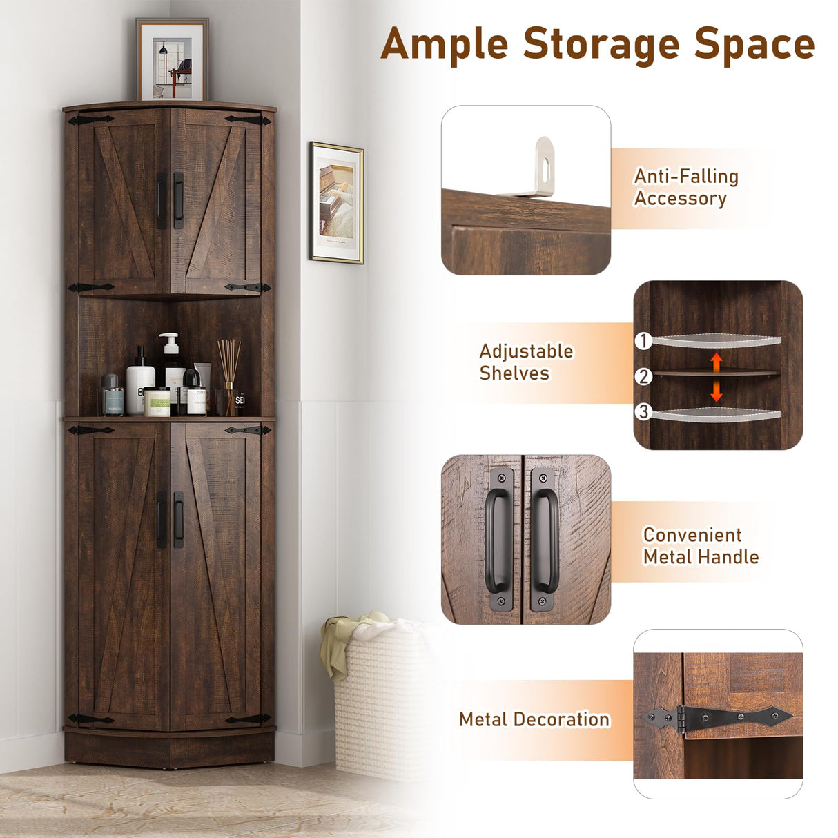 Hlivelood 68" Tall Farmhouse Corner Cabinet, Dining Room Storage Cabinet with 4 Barn Doors and 5 Level Storage with Adjustable Shelves, for Kitchen, Living Room, Laundry Room, Brown Hlivelood