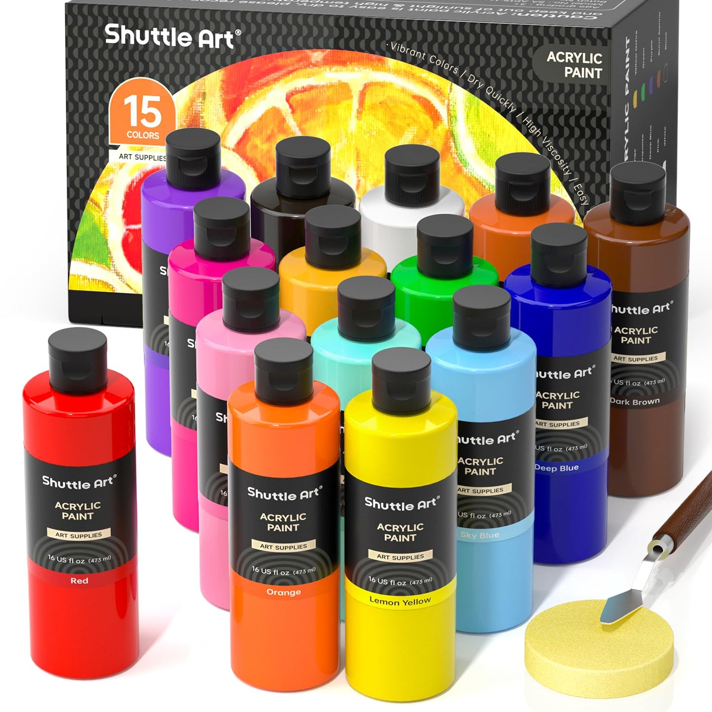 Shuttle Art Acrylic Paint, 15 Colors Acrylic Paint Large Bottle Set, 473ml/16oz Each, Rich Pigments, High Viscosity, Bulk Paint for Artists, Beginners and Kids on Rocks Crafts Canvas Wood Cer - WoodArtSupply