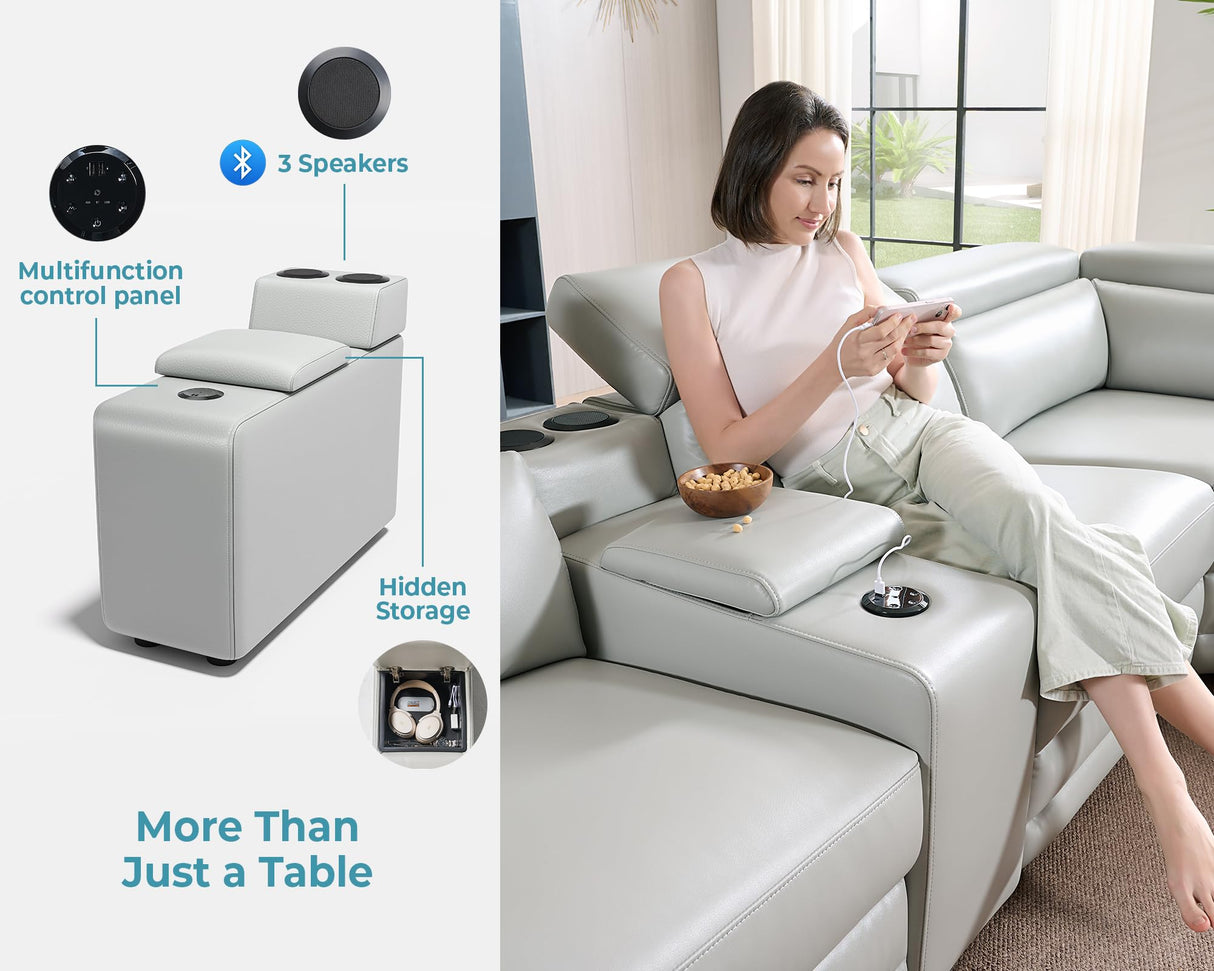 Jocisland Dual Power Recliner, Oversized 5-Seater Sofa with Console, 3 Bluetooth Speakers & Hidden Storage, Modern L Shaped Reclining Couch with 6 Charging Ports - Light Gray Leathaire Jocisland