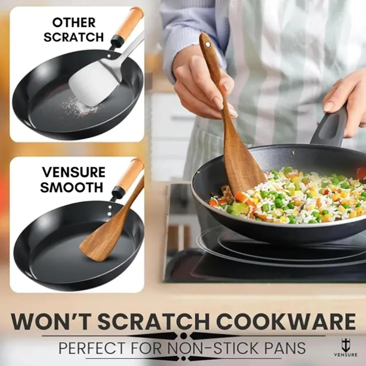 Vensure Wooden Spoons for Cooking 6-Piece, 12 Inch Wooden Spatula Spoon Set for Cooking, Non-Stick Wooden Cooking Utensils -Soft Comfort-Grip Wood Spoons for Cooking, Wooden Spoon with Handmade Design Vensure