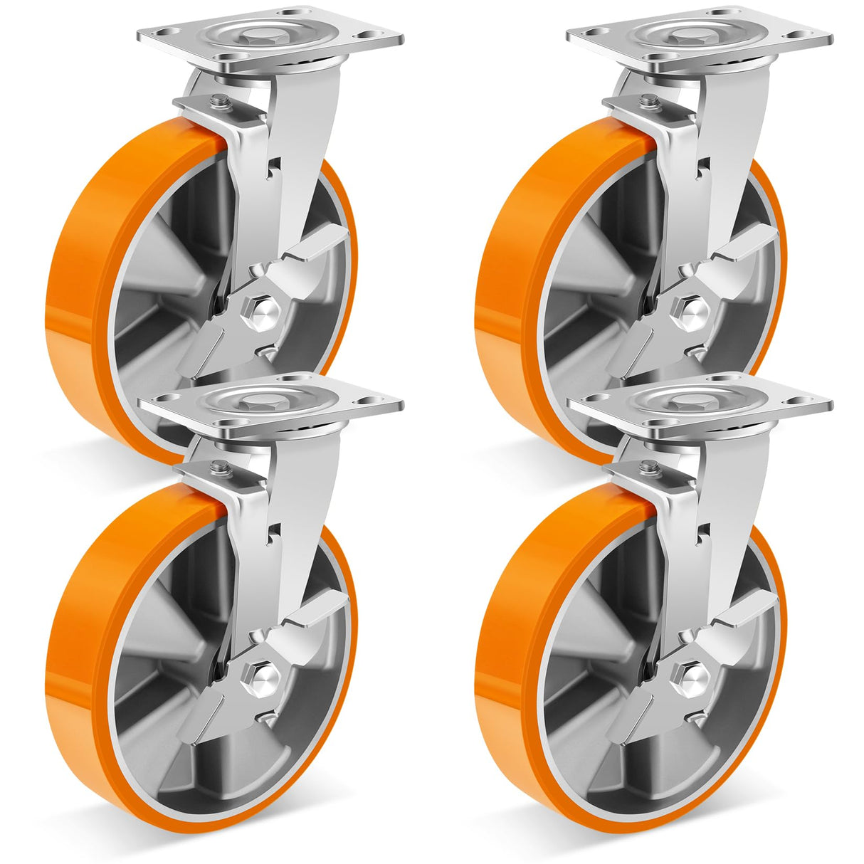 W B D WEIBIDA 8-Inch Industrial Grade Casters Wheels, Heavy Duty Casters Set of 4 with Brake 6000 LBS, Maintenance-Free Polyurethane on Aluminum Wheels, Plate Swivel Casters for Industrial W B D WEIBIDA