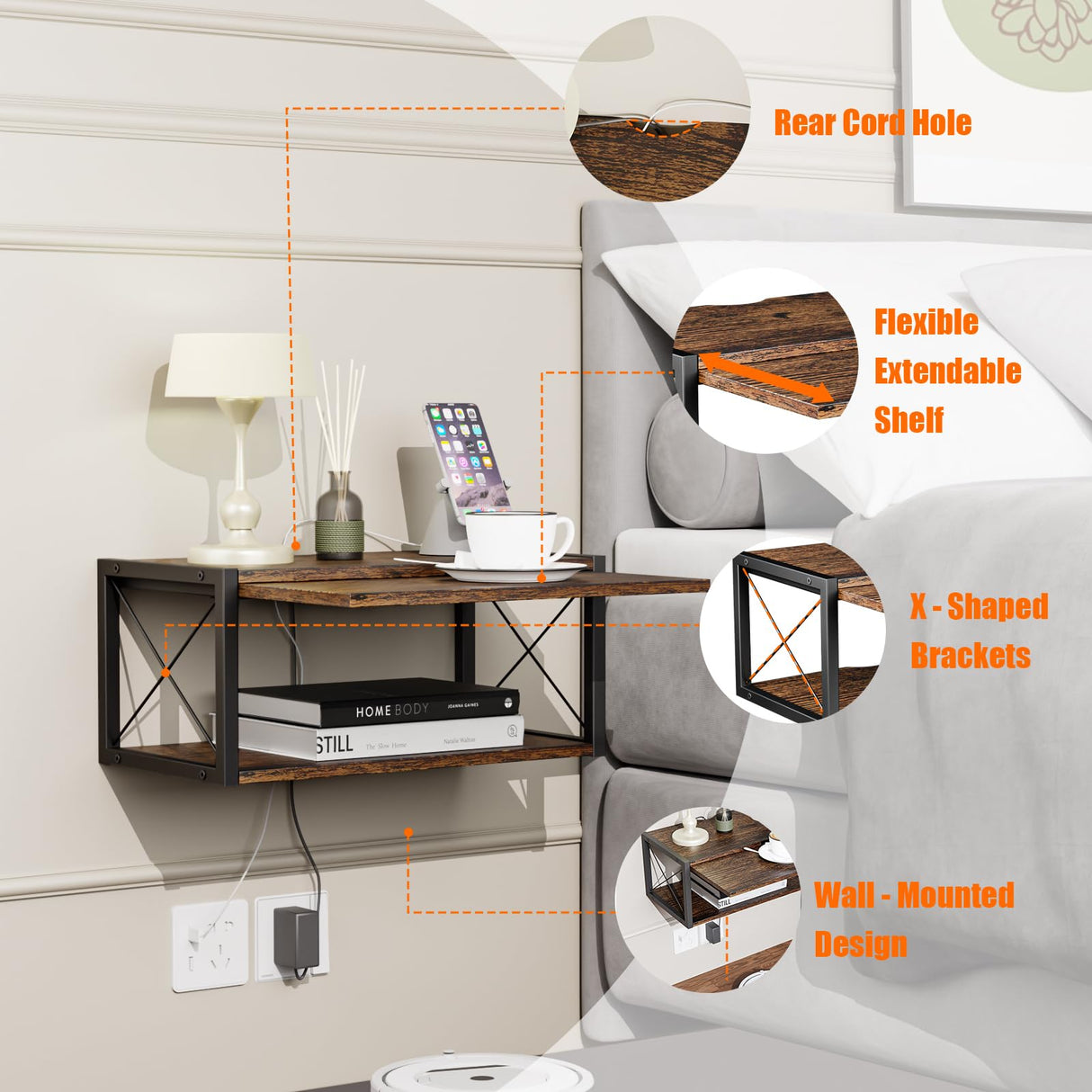 2-Tier Floating Nightstand, Wall Mounted Bedside Table, Wood Bedside Shelf Wall Mounted Nightstand, Floating Bedside Table Wall Shelf for Bedroom, Living Room, Kitchen, Office, Rustic Brown FNBAR