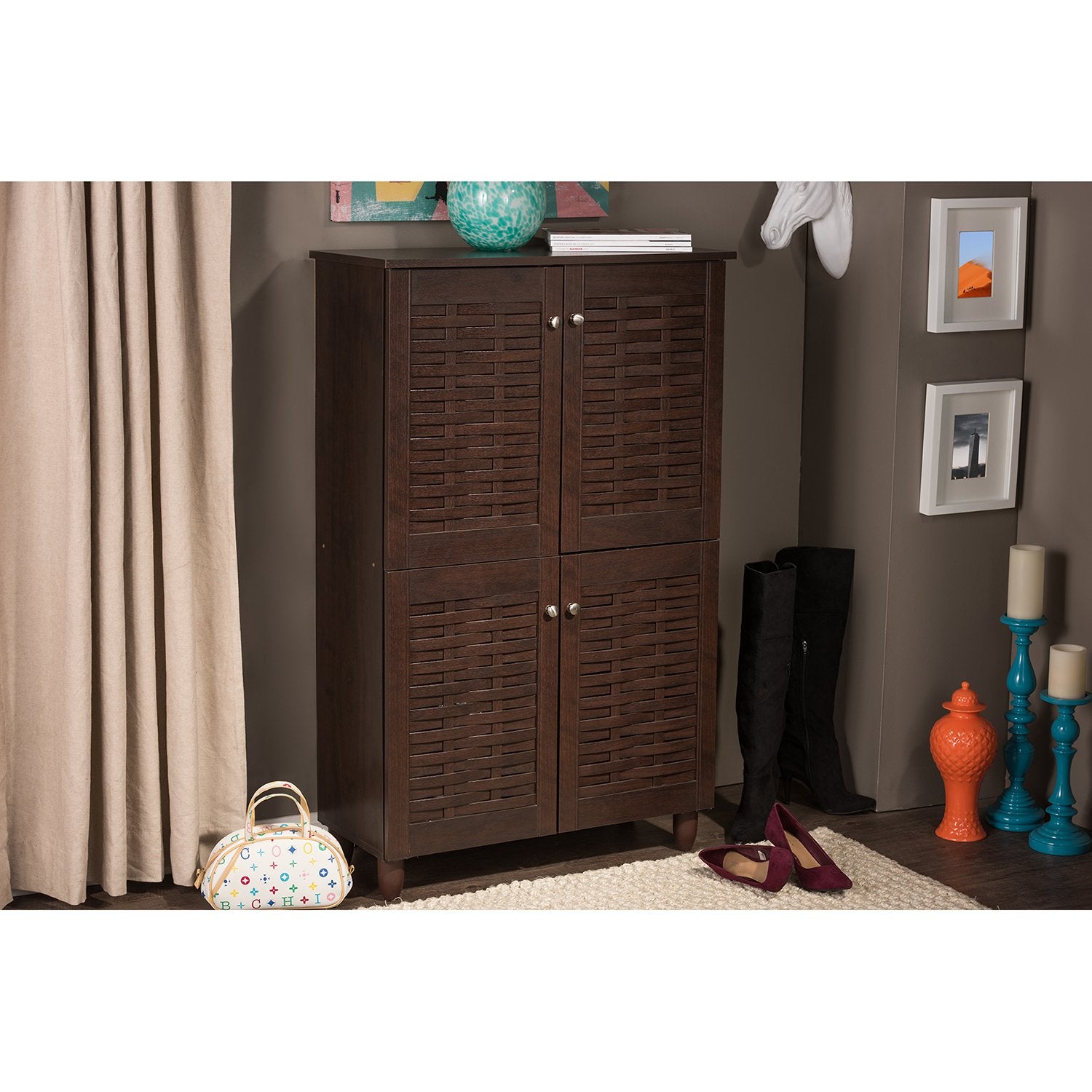 Wholesale Interiors Baxton Studio Winda Modern and Contemporary 4-Door Dark Brown Wooden Entryway Shoes Storage Cabinet - WoodArtSupply