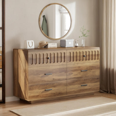 IBF Farmhouse Dresser for Bedroom Modern 6 Drawer Dresser Fluted Chest of Drawers Large Wood Closet Dressers with Anti-Tipping Design for Bedroom, Living Room, Hallway, Entryway, Nursery, Rustic Oak