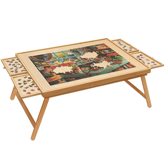 HALLYBEE Wooden Puzzle Board with Foldable Legs- Folding Puzzle Table with 4 Drawers & Cover for Adults, 34 "x 26" Portable Puzzle Table for 1500 Pieces Puzzle Storage and Sorting - WoodArtSupply