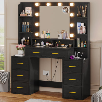 BTHFST Vanity Desk with Lights, Mirror, Charging Station - Black Wood Grain - WoodArtSupply