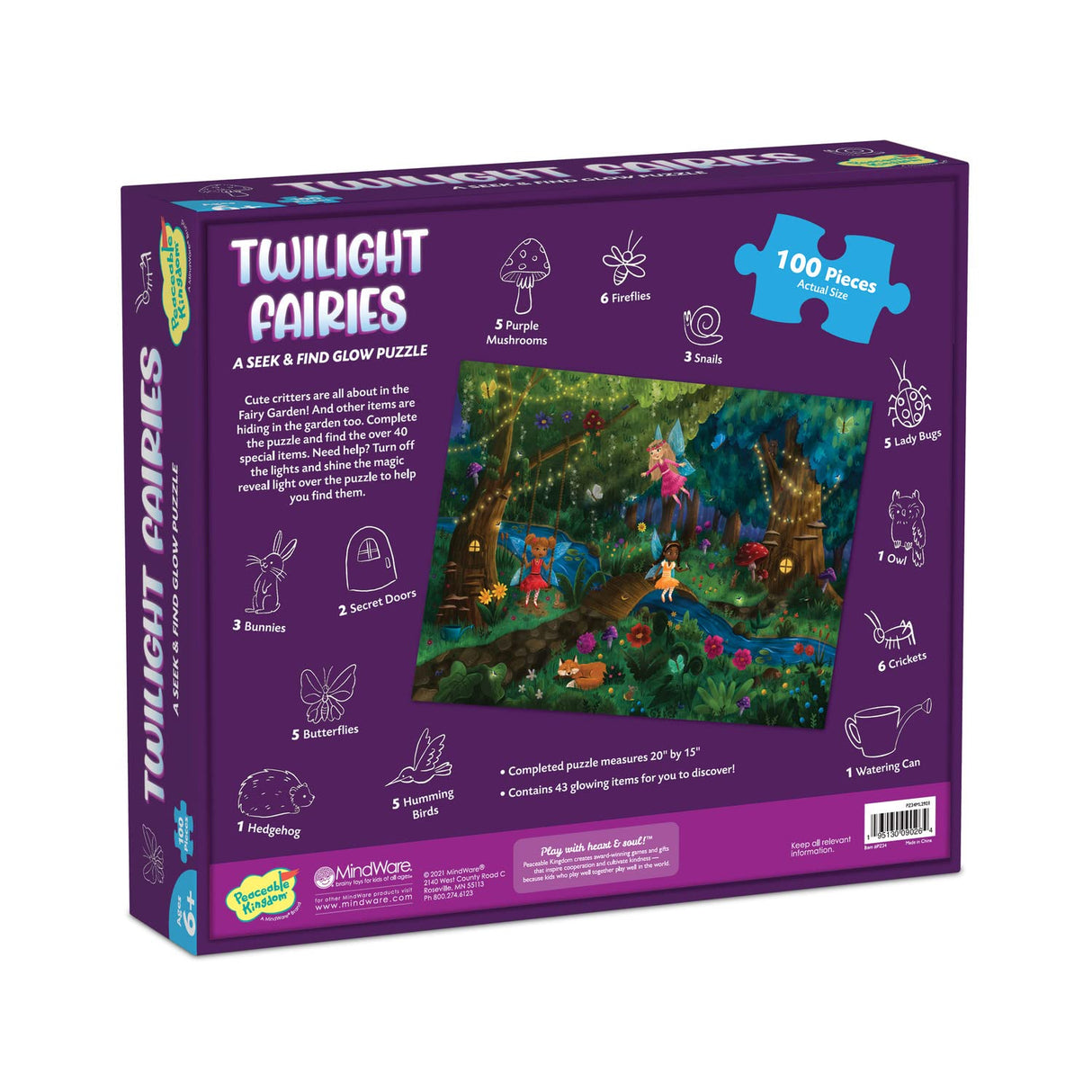 Peaceable Kingdom Twilight Fairies Puzzle – 100-Pc. Seek & Find Glow Puzzle for Kids Ages 6 & Up – Included Blacklight Reveals Hidden Items – Great for Home or Classrooms Peaceable Kingdom