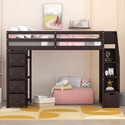 Twin Loft Bed with Stairs and Storage by Harper & Bright Designs - Solid Wood Frame in Espresso