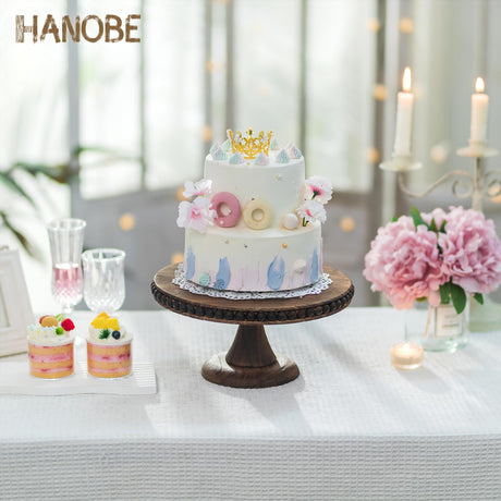 Hanobe Round Wood Cake Stand: Cupcake Pedestal Stand 12 inch Dessert Display Riser Distressed Rustic Cakes Holder Tray Vintage Beads Wooden Plate for Wedding Birthday Decor Hanobe