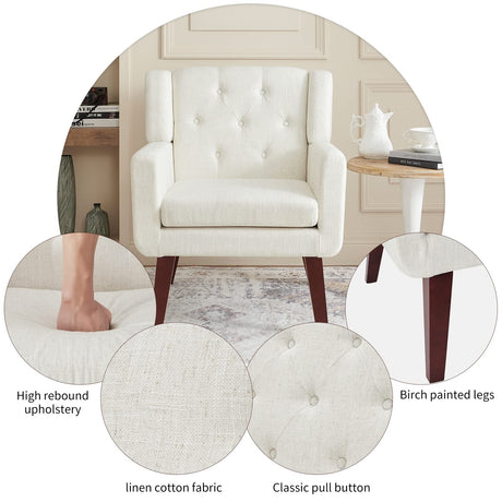 Accent Reading Chair Button-Tufted Upholstered Comfy Mid Century Modern Chair with Linen Fabric Lounge Arm Chairs for Living Room Bedroom (Beige) Living&Giving
