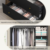 jiteentarou 3 Door Wardrobe Closet with Mirror and LED Lights, Bedroom Armoire with Drawers Shelves, Modern Wooden Armoire Wardrobe Closet with Hanging Rod for Bedroom, Black jiteentarou