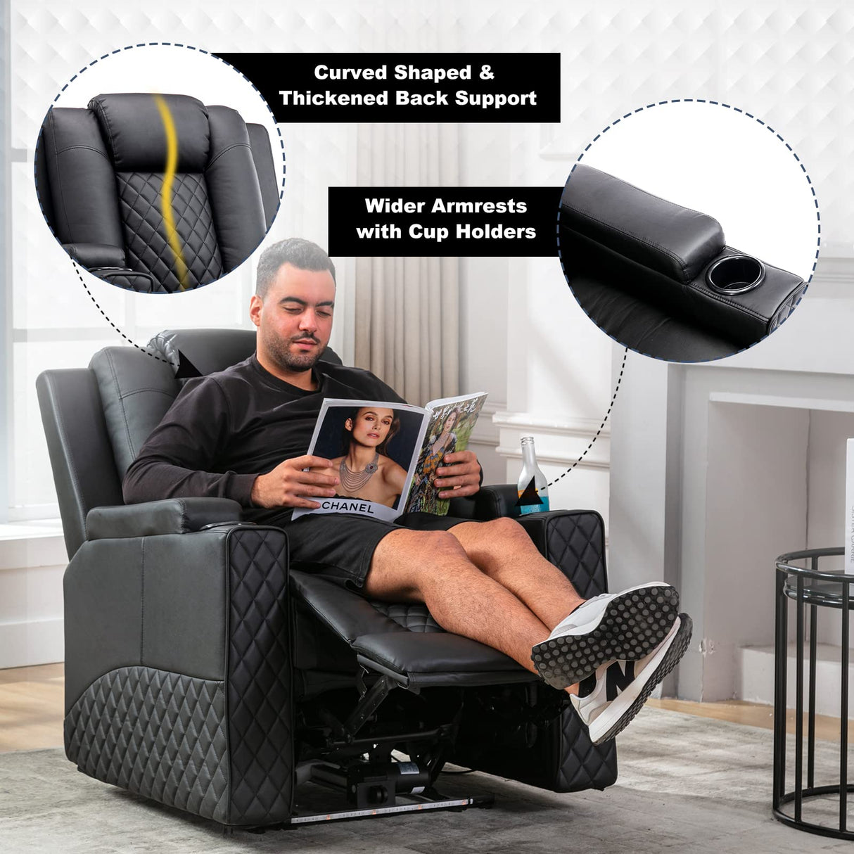 COMHOMA Power Recliner Chair PU Leather Electric Massage Recliner Sofa for Living Room Home Theater Seating with Cup Holders and LED Lighting(Black) COMHOMA