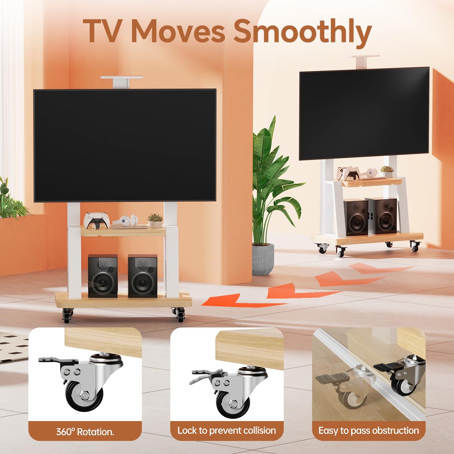 Mobile TV Stand Rolling TV Cart with Wheels for 32-75 Inch Flat/Curved Led/LCD/OLED Portable Floor TV Stand with Shelf, Height Adjustable Heavy-Duty Holds up to 180lbs,Max VESA 600 * 400mm (White)