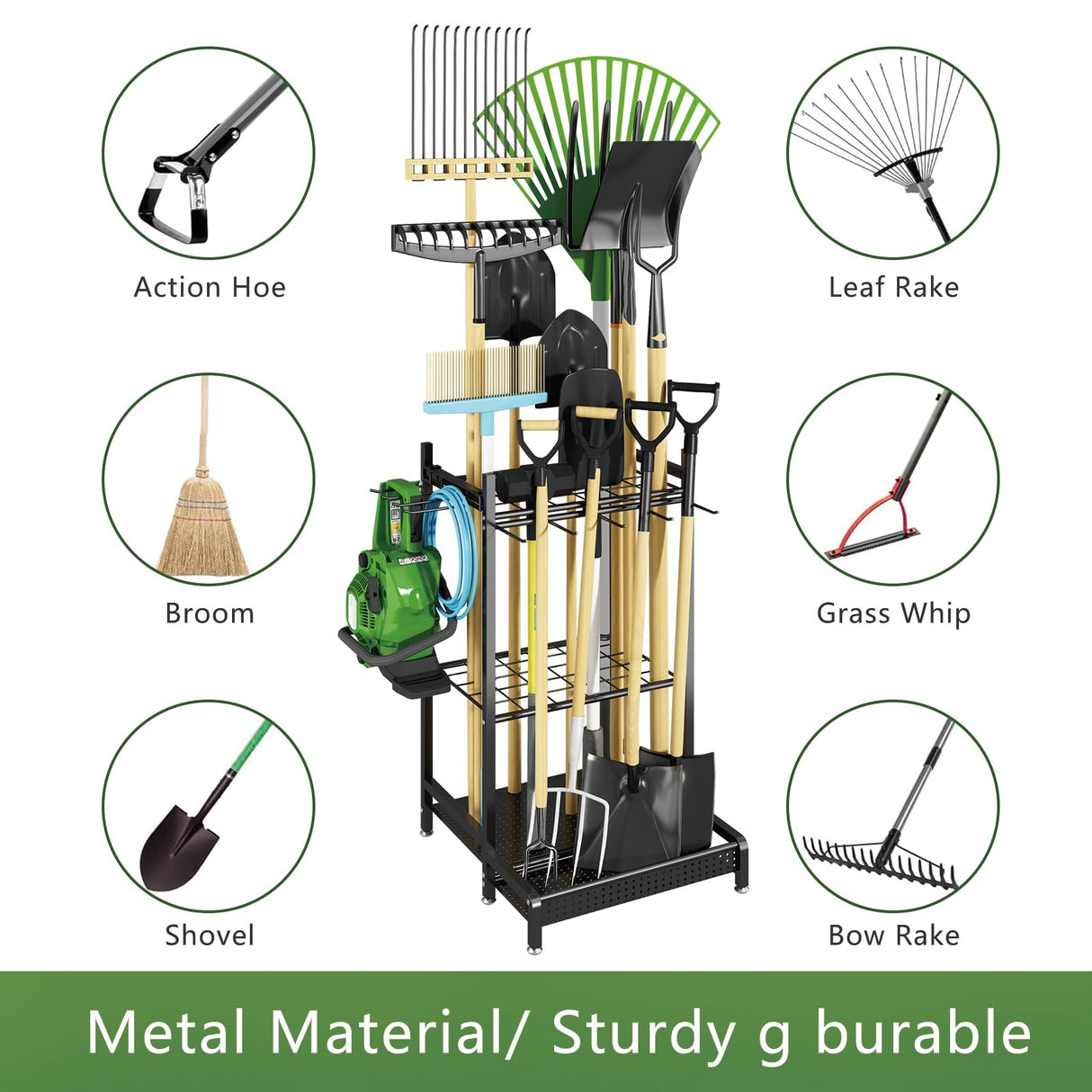 GILLAS Garden Tool Organizer for Garage, Utility Storage Racks with Hooks, Metal Yard Tool Stand Holder Organizer for Long-Handled, Broom, Shovel, Rake, Sturdy Heavy Rack for Outdoor, Yard, Black GILLAS