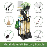 GILLAS Garden Tool Organizer for Garage, Utility Storage Racks with Hooks, Metal Yard Tool Stand Holder Organizer for Long-Handled, Broom, Shovel, Rake, Sturdy Heavy Rack for Outdoor, Yard, Black GILLAS