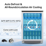 Weili 20 Inch Built in Beverage Refrigerator with Lock, Under Counter or Freestanding 120 Can Soda Beer Drink Cooler Fridge with Stainless Steel and Glass Door Weili