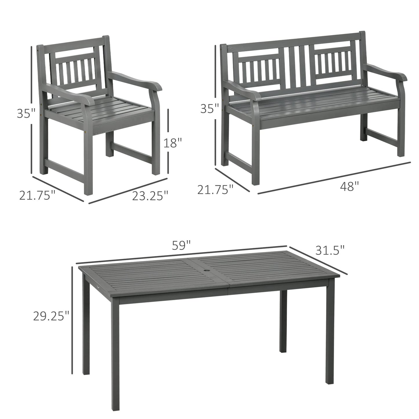 Outsunny 6 Piece Patio Dining Set, Outdoor Poplar Wood Furniture Set, Umbrella Hole Table and Chairs with Bench for Porch, Backyard, Balcony, Outside Garden, Dark Gray - WoodArtSupply