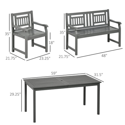 Outsunny 6 Piece Patio Dining Set, Outdoor Poplar Wood Furniture Set, Umbrella Hole Table and Chairs with Bench for Porch, Backyard, Balcony, Outside Garden, Dark Gray - WoodArtSupply