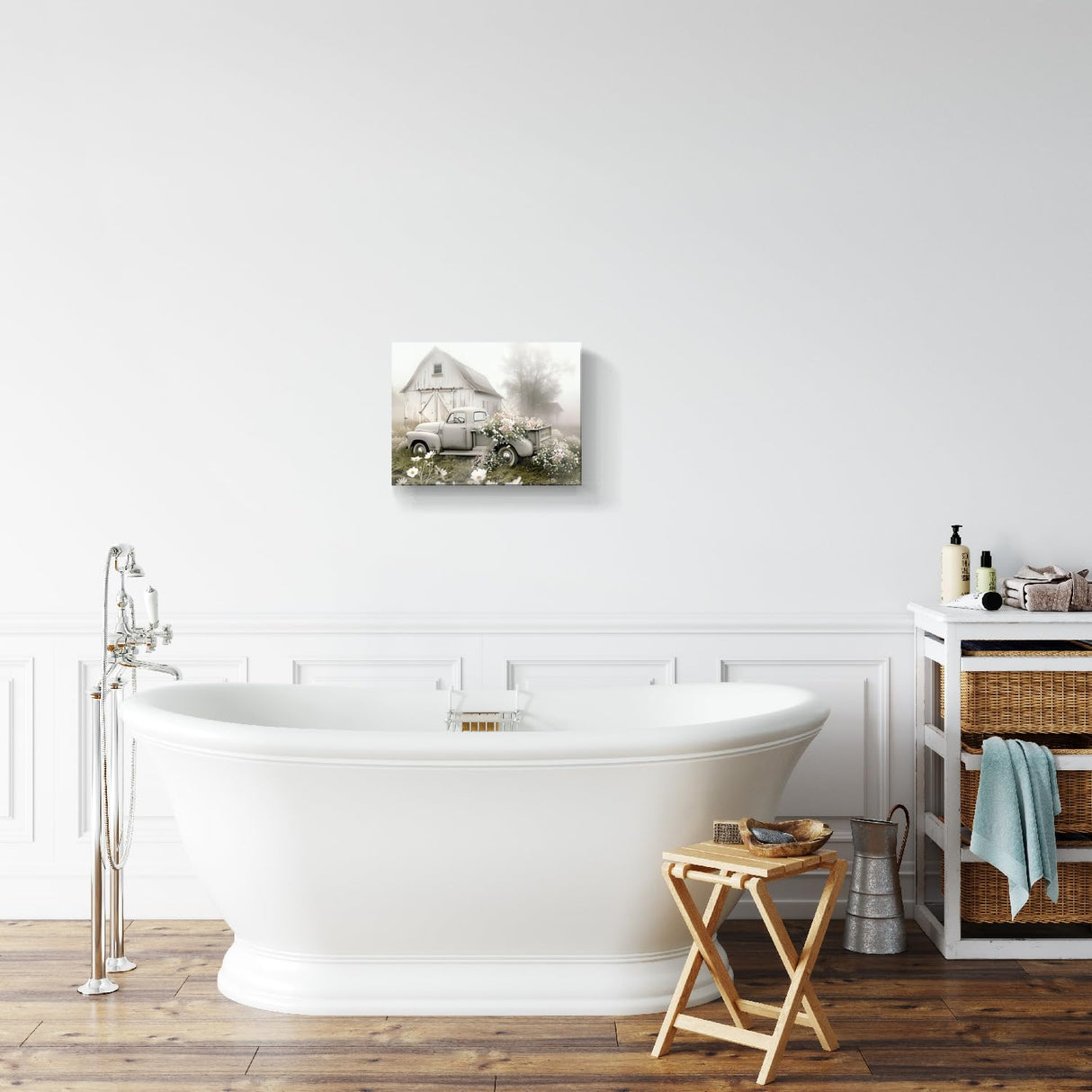 gaosoul Rustic Farmhouse Barn Canvas Wall Art Framed Misty Countryside Field Landscape Painting Rusty Old Truck Loaded With Flowers Picture Prints for Bedroom Living Room Office Decor 16x12in gaosoul