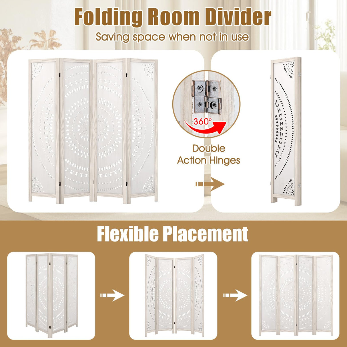 Giantex Room Divider 4 Panels - 66'' Boho Room Dividers with Carved Pattern & Solid Wood Frame, Folding Privacy Screen for Bedroom Office, Partition Wall Divider for Room Separation, Washed White Giantex