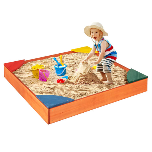 HONEY JOY Kids Wooden Sandbox, Outdoor Bottomless Sand Pit with 4 Built-in Corner Seating, Cedar Backyard Sand Boxes for Kids Outdoor, Gift for Boys Girls Age 3+