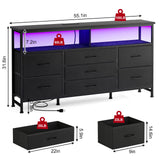 Fixwal Black Dresser for Bedroom with Power Outlets and LED Lights, 55 Inch Drawer TV Stand with 7 Fabric Drawers, TV Stand for Bedroom Up to 65 Inch TV, Chests of Drawers for Bedroom Black Fixwal