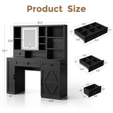 Farmhouse Makeup Vanity Desk with Sliding Mirror and Lights, Glass Desktop Makeup Vanity Desk with Charging Station, 3-Tier Hidden Slide-Out Vanity Shelves, Jewelry Storage Cabinet, 2 Drawers-Black Jocoevol