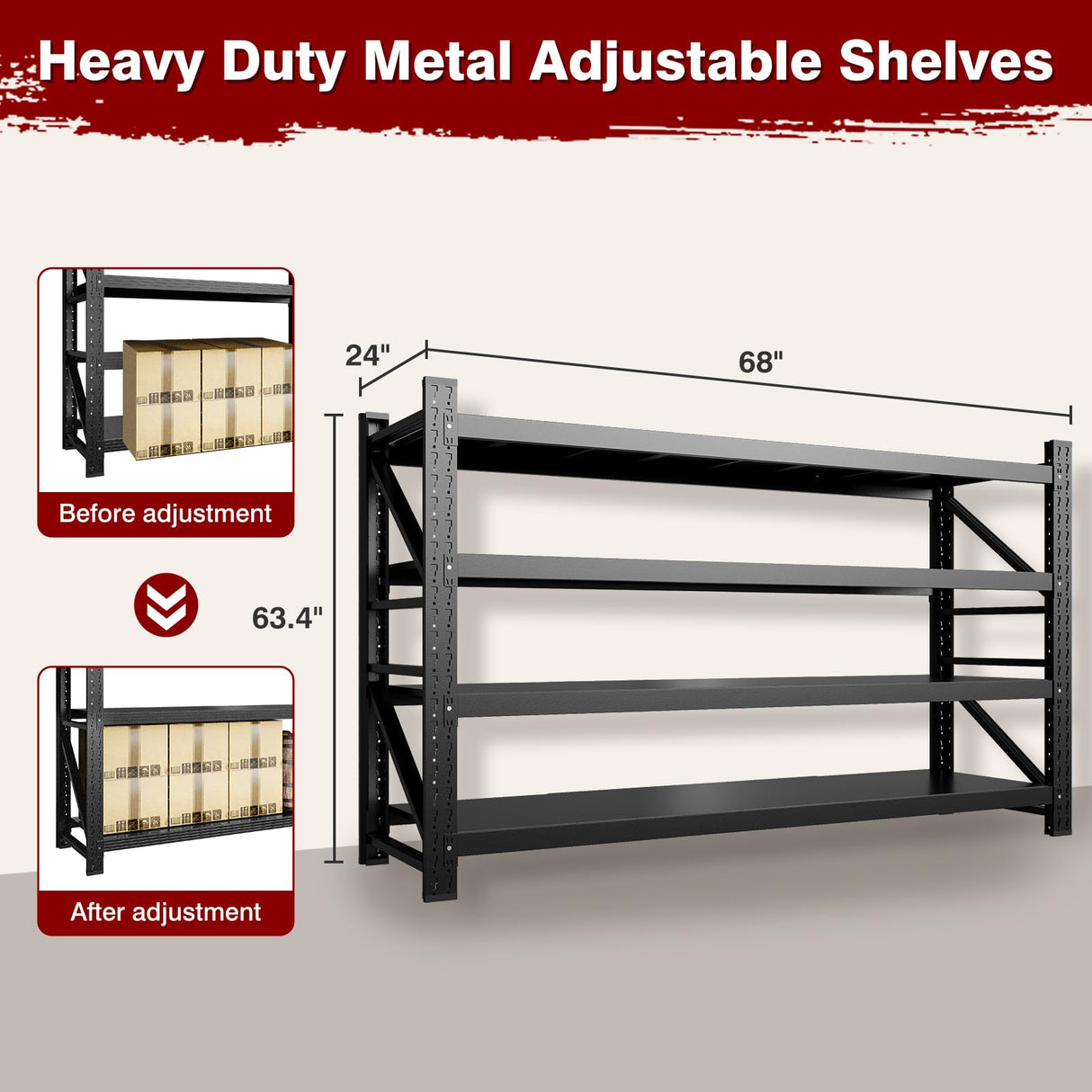 Fesbos 8000LBS Metal Steel Storage Shelves - 68" W Black 4 Tier Heavy Duty Rack Commercial Industrial Shelving with Adjustable Shelf for Basement Garage Warehouse - 68" W x 24" D x 63.4" H Fesbos