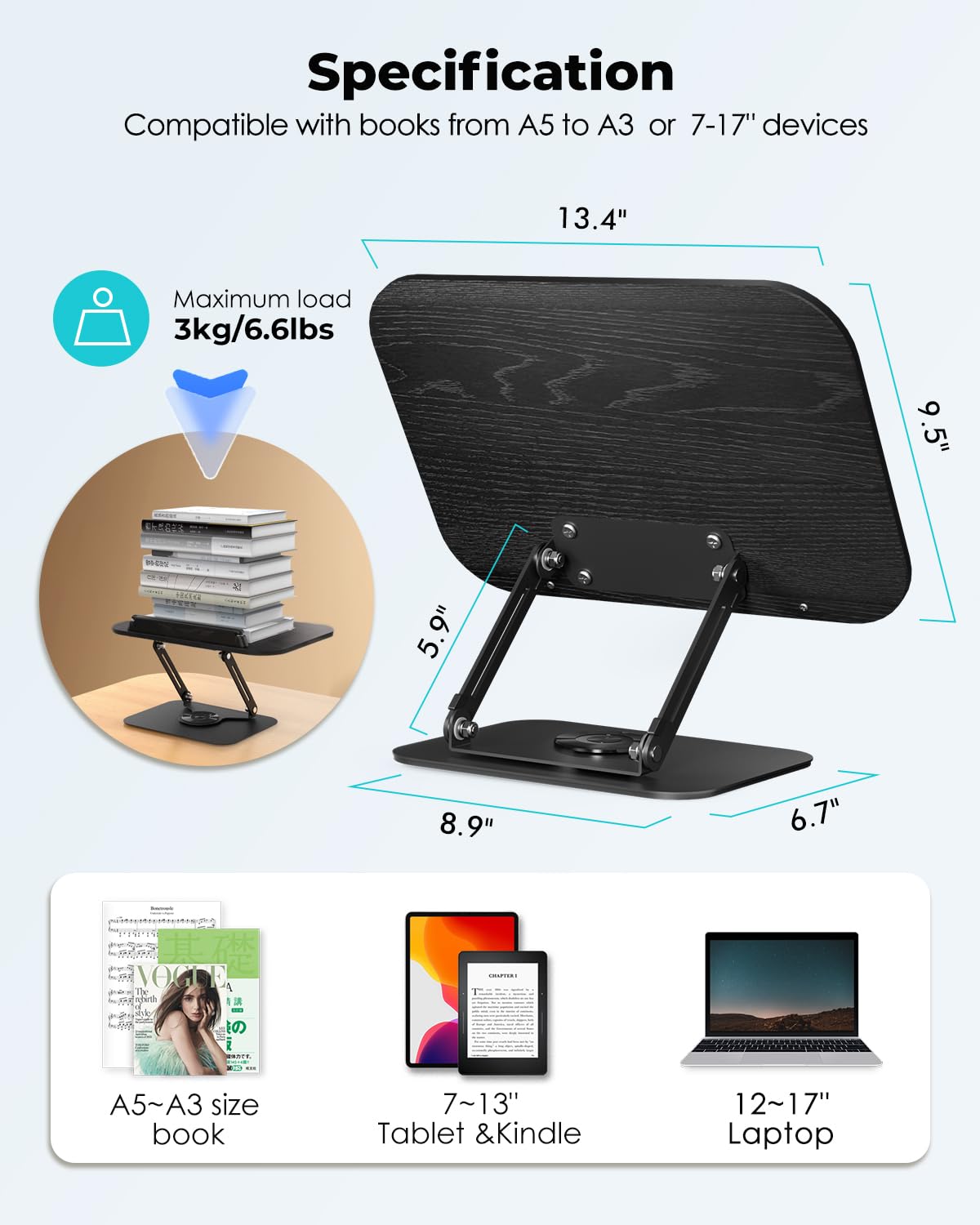 Viozon Book Stand for Reading,Book Holder, Height&Angle Adjustable, 360° Rotating Base, Foldable and Portable, Lightweight for Office, Kitchen, School Textbook, Recipe, Magazine,Kindle,Table B Viozon